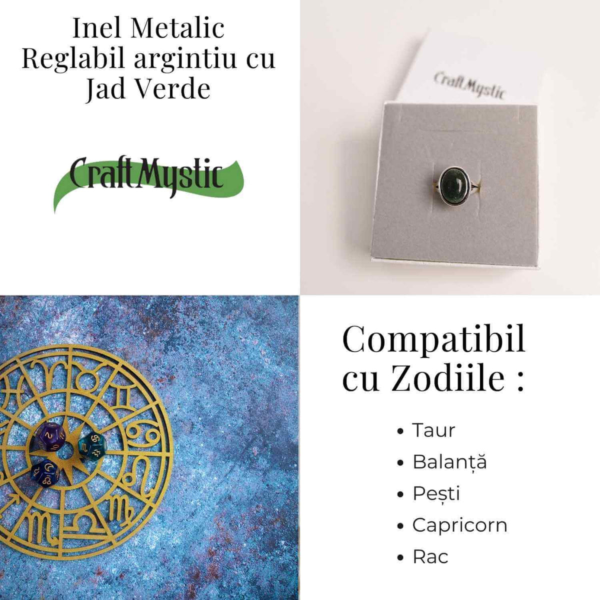 Inel Ajustabil Argintiu cu Jad Verde – Echilibru si protectie energetica
