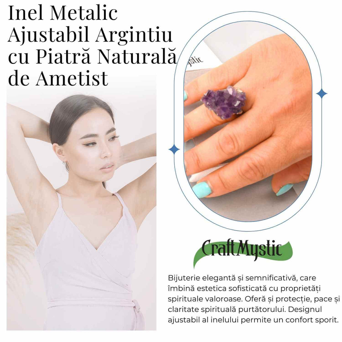 Inel ajustabil argintiu cu piatra naturala cluster Ametist