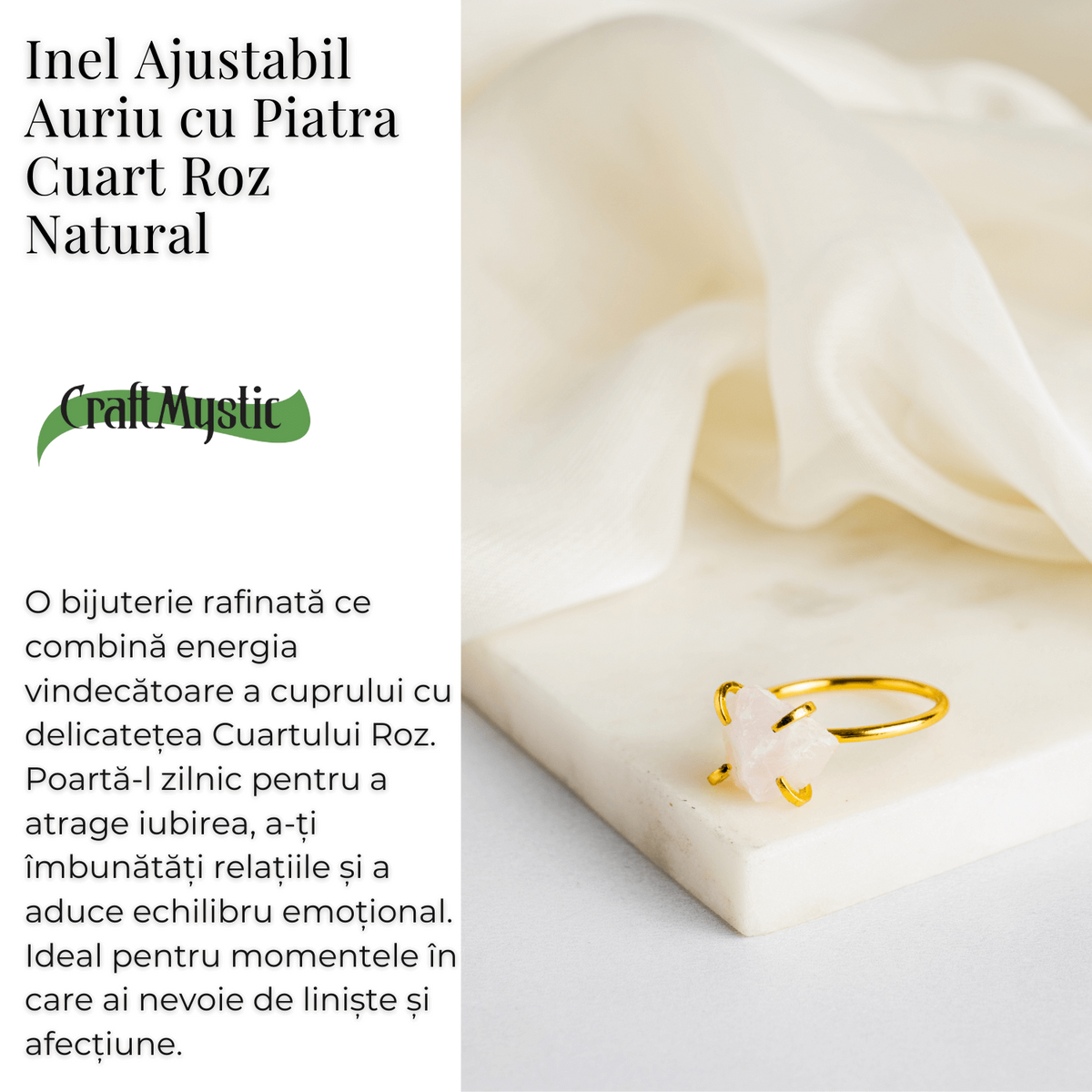 Inel Ajustabil Auriu cu Cuart Roz Brut pentru Echilibru Emotional