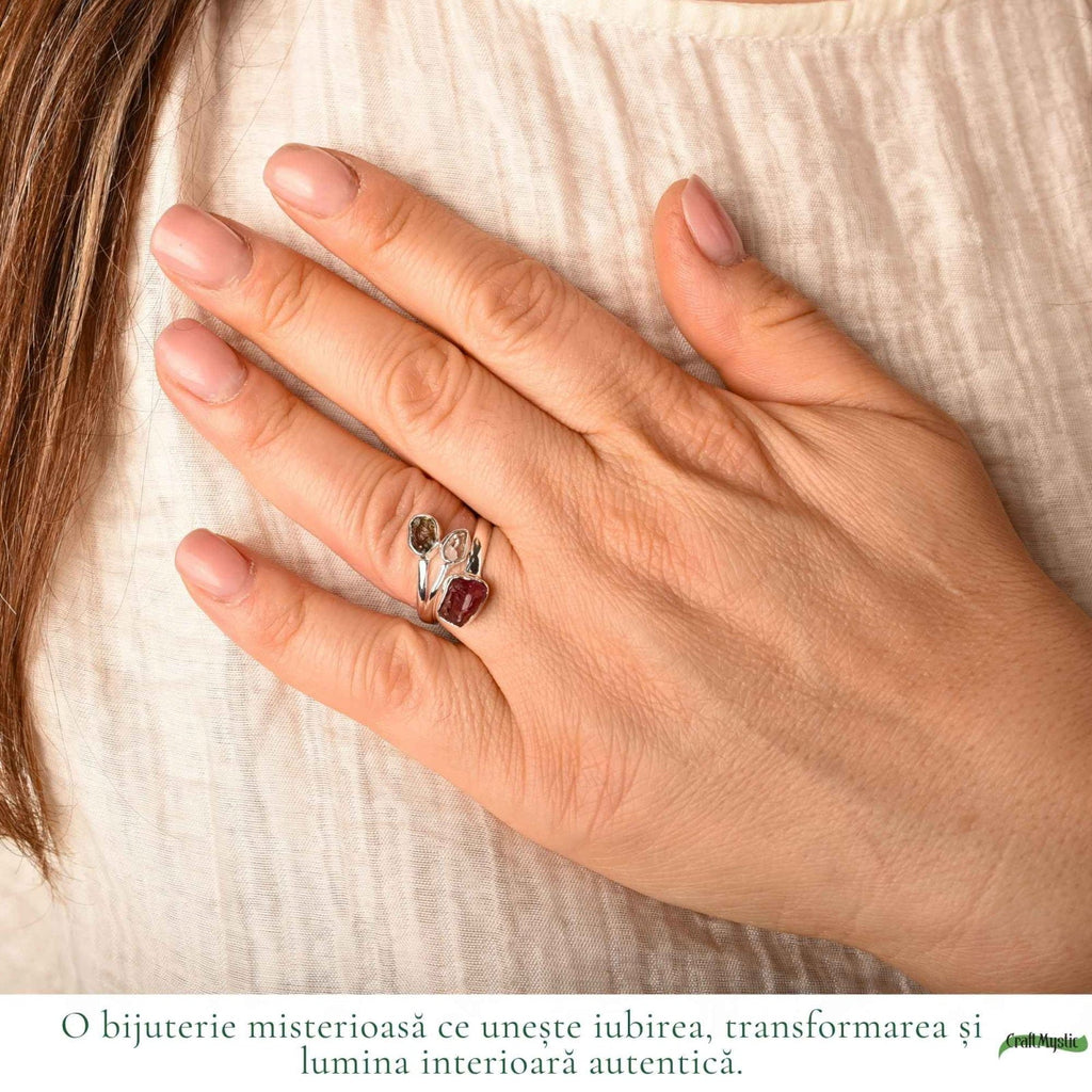 Inel cu Moldavit, Turmalină Roz și alte cristale, Argint 925 – CraftMystic