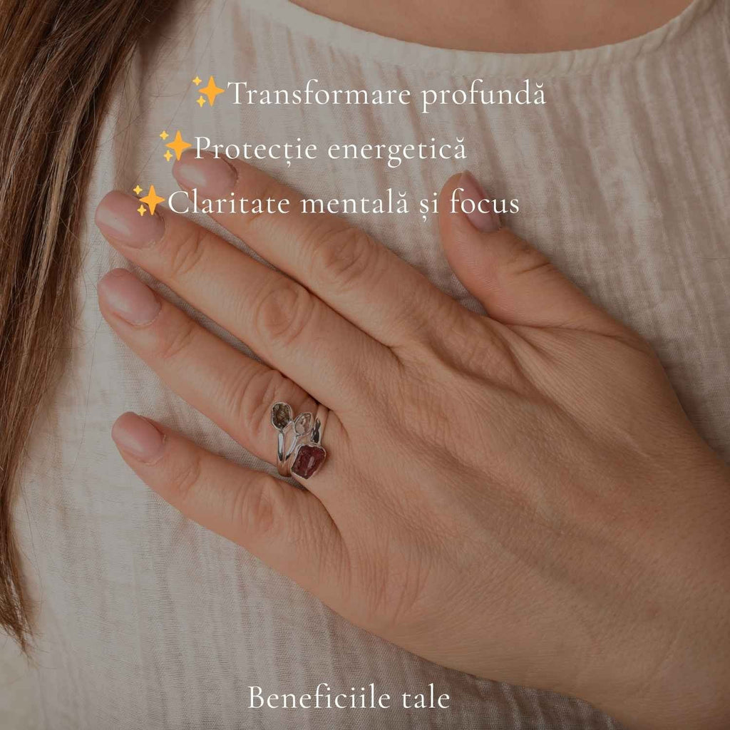 Inel cu Moldavit, Turmalină Roz și alte cristale, Argint 925 – CraftMystic