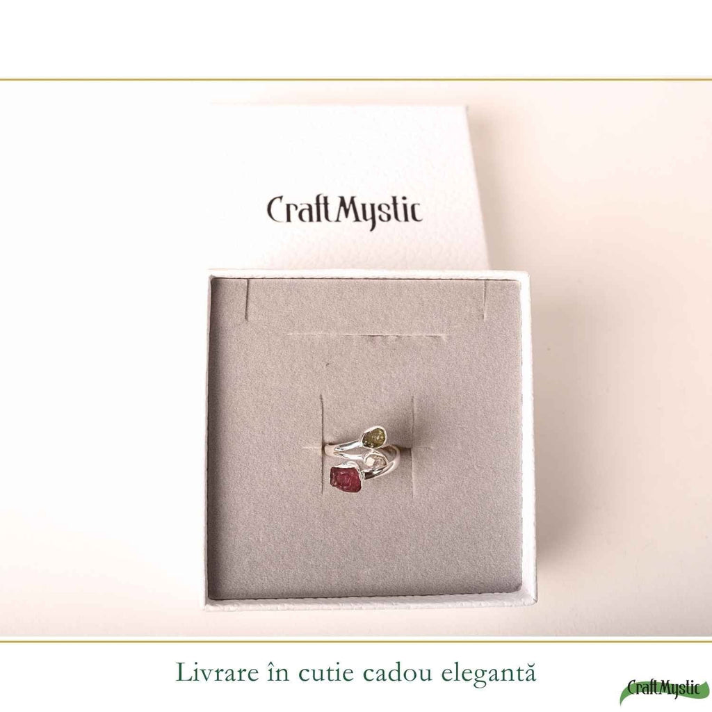 Inel Argint 925 ajustabil cu Moldavit, Turmalina Roz si Herkimer – Transformare si Echilibru