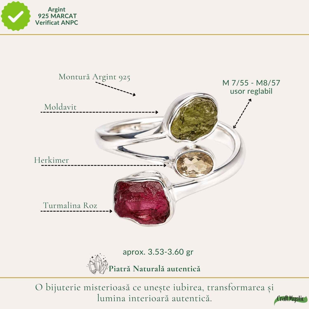 Inel cu Moldavit, Turmalină Roz și alte cristale, Argint 925 – CraftMystic