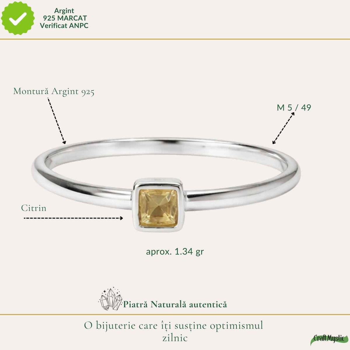 Inel argint 925 cu Citrin patrat fatetat – claritate si prosperitate zilnica