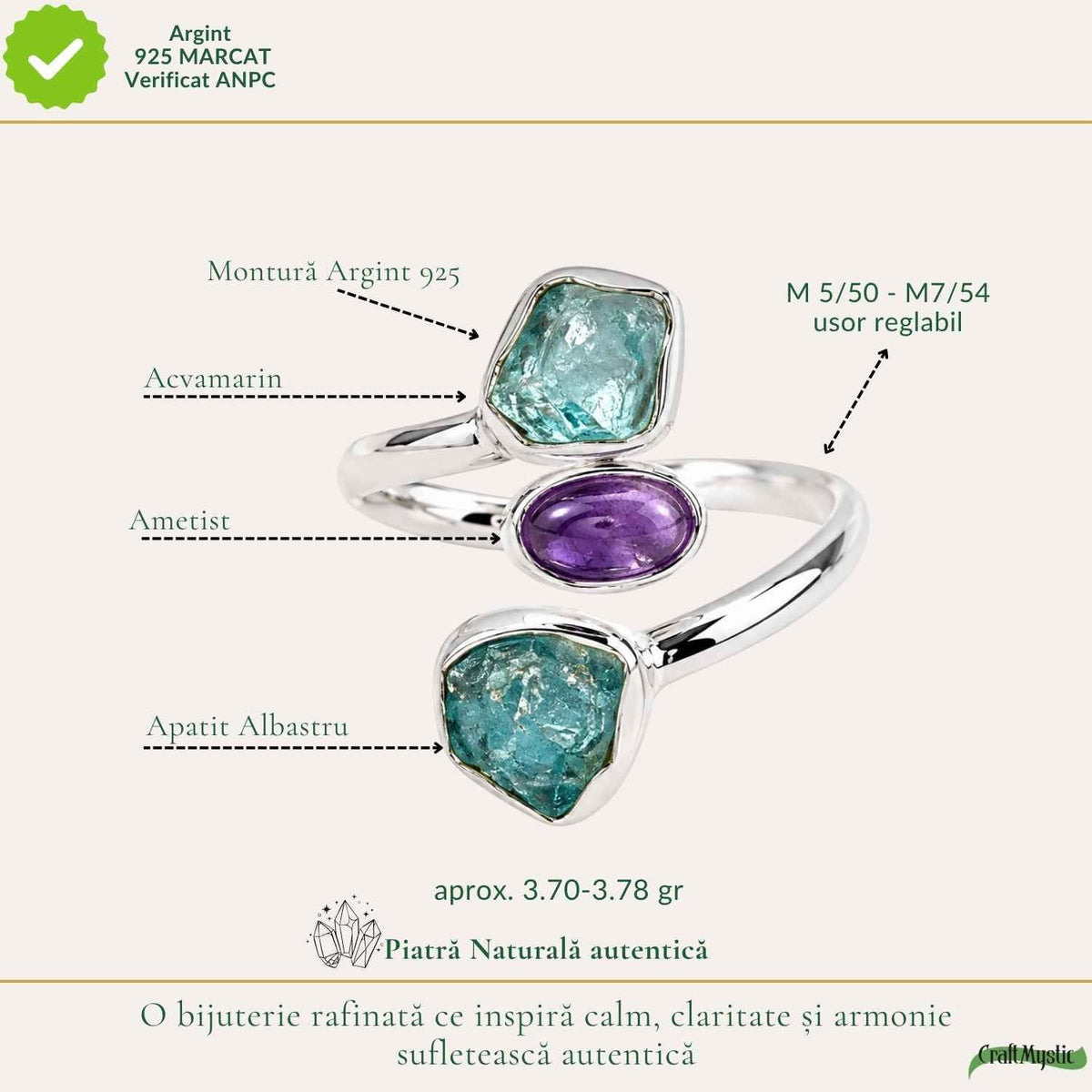 Inel cu Acvamarin, Ametist și alte cristale, Argint 925 – CraftMystic