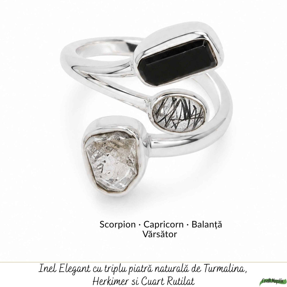 Inel cu Turmalină Neagră, Diamant Herkimer și alte cristale – CraftMystic