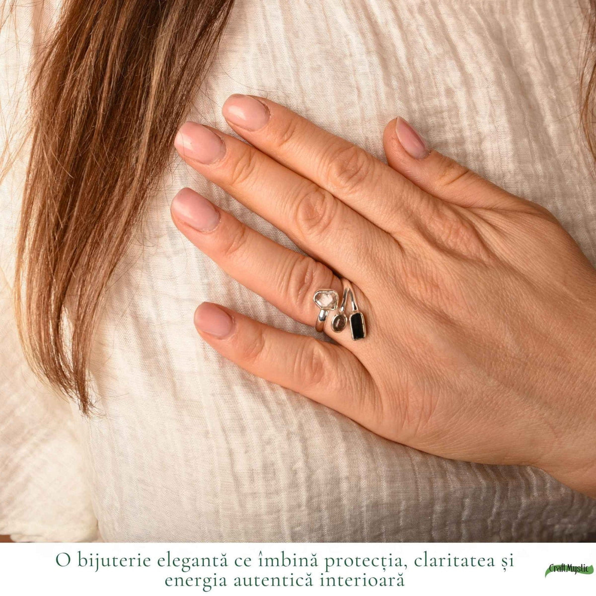 Inel cu Turmalină Neagră, Diamant Herkimer și alte cristale – CraftMystic