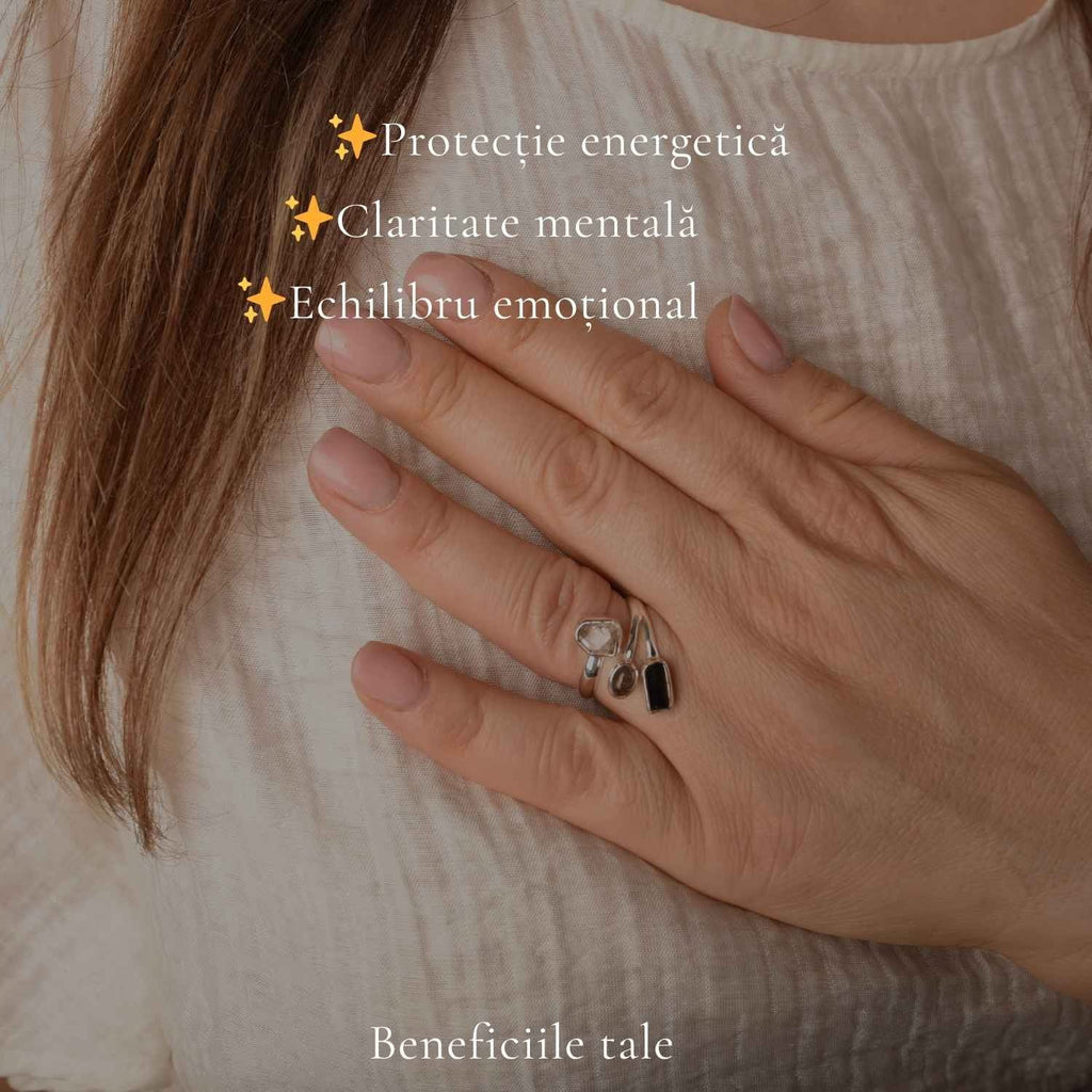 Inel cu Turmalină Neagră, Diamant Herkimer și alte cristale – CraftMystic