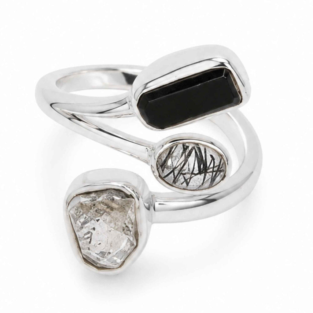 Inel cu Turmalină Neagră, Diamant Herkimer și alte cristale – CraftMystic