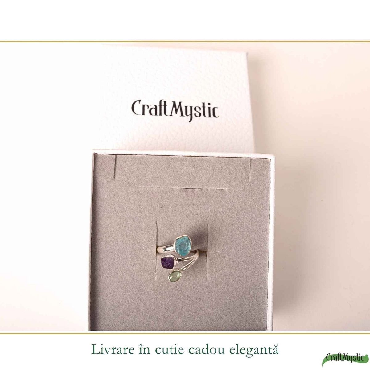 Inel Argint 925 ajustabil cu Apatit, Ametist si Kianit Verde – Echilibru si Claritate