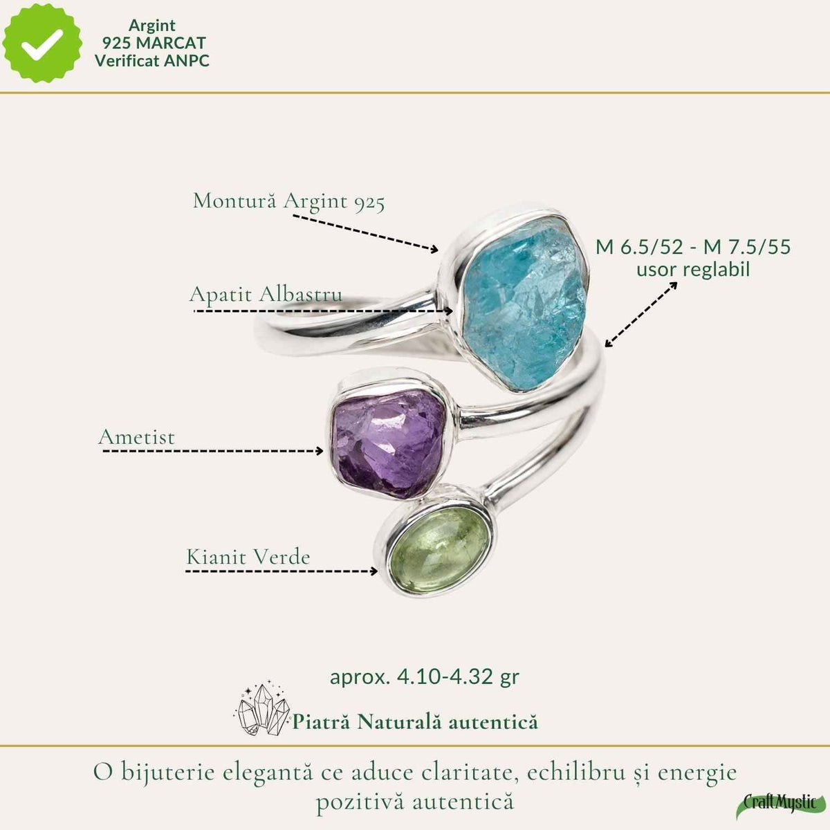 Inel cu Apatit, Ametist și alte cristale, Argint 925 – CraftMystic