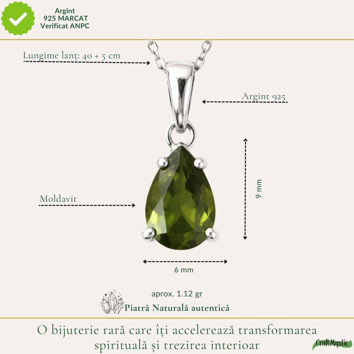 Colier cu Moldavit, Argint 925 – CraftMystic