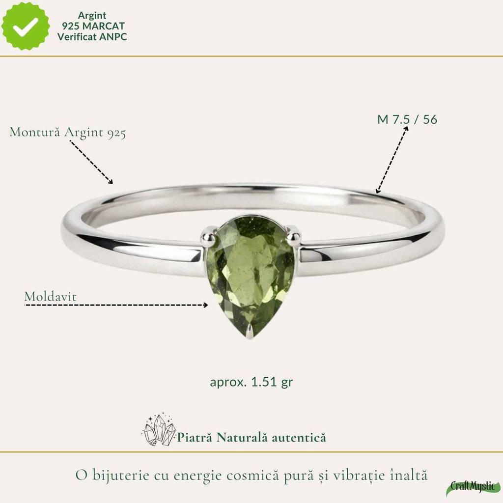Inel Argint 925 cu Moldavit Fatetat Lacrima – Claritate si Transformare