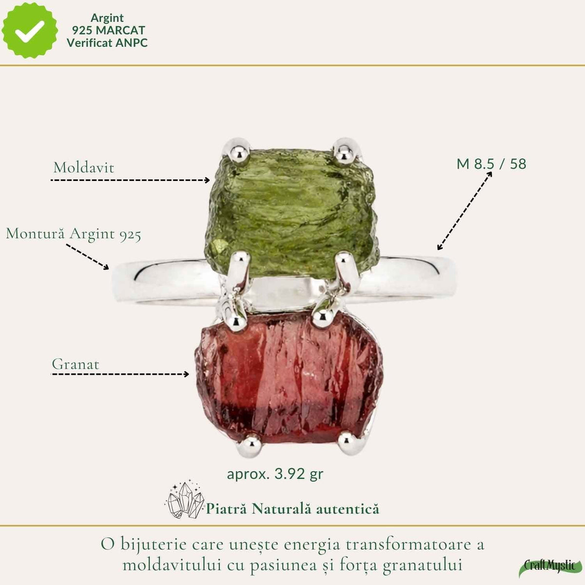 Inel cu Moldavit și Granat, Argint 925 – CraftMystic