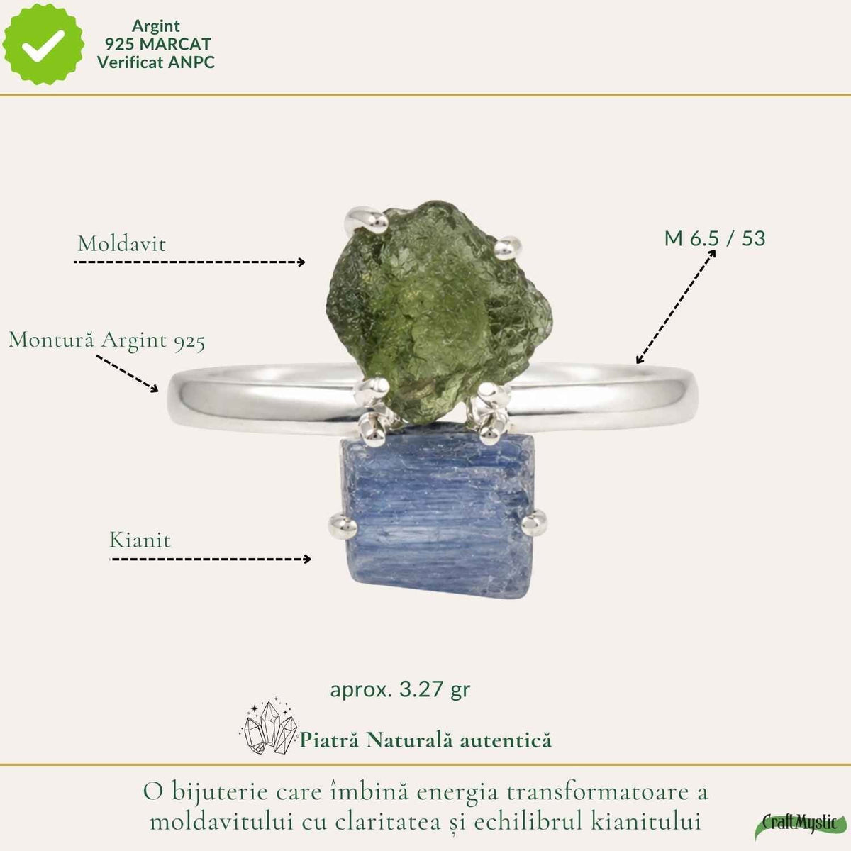 Inel cu Moldavit și Kianit – CraftMystic