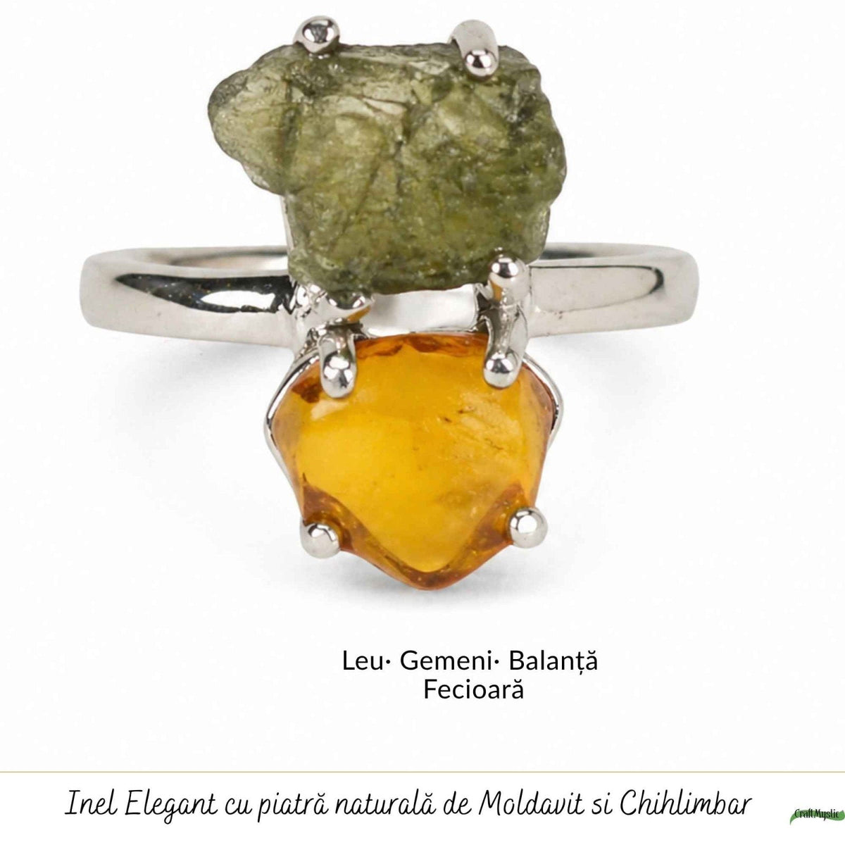 Inel cu Moldavit și Chihlimbar – CraftMystic
