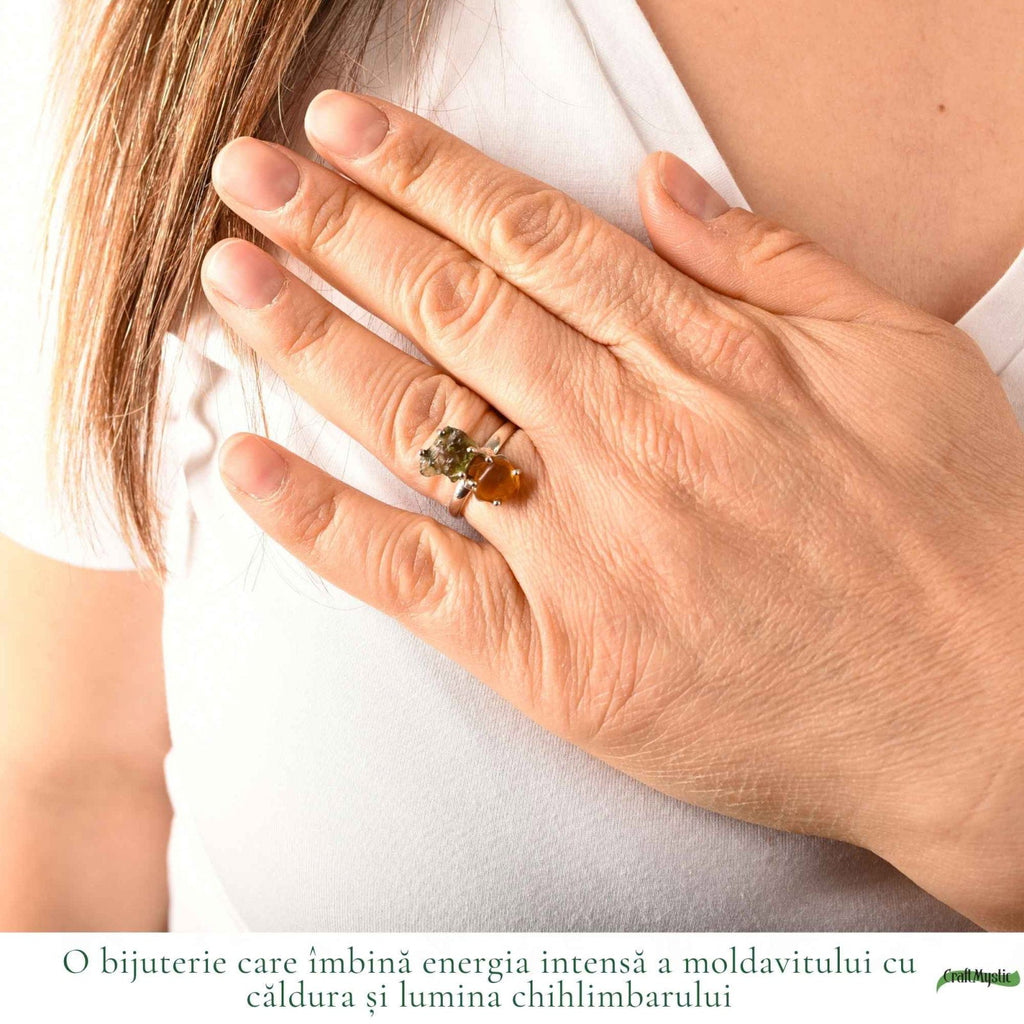 Inel cu Moldavit și Chihlimbar – CraftMystic