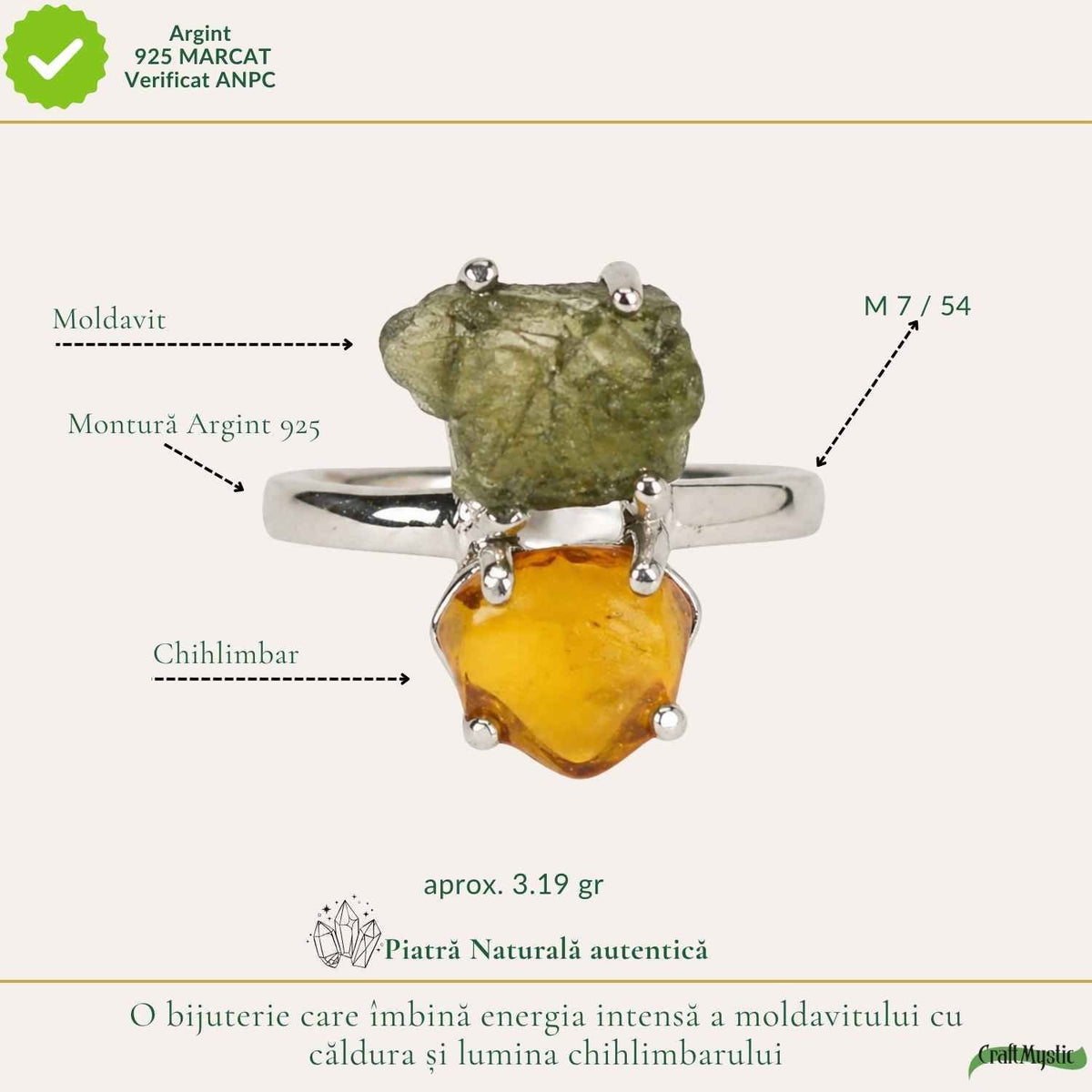 Inel cu Moldavit și Chihlimbar – CraftMystic
