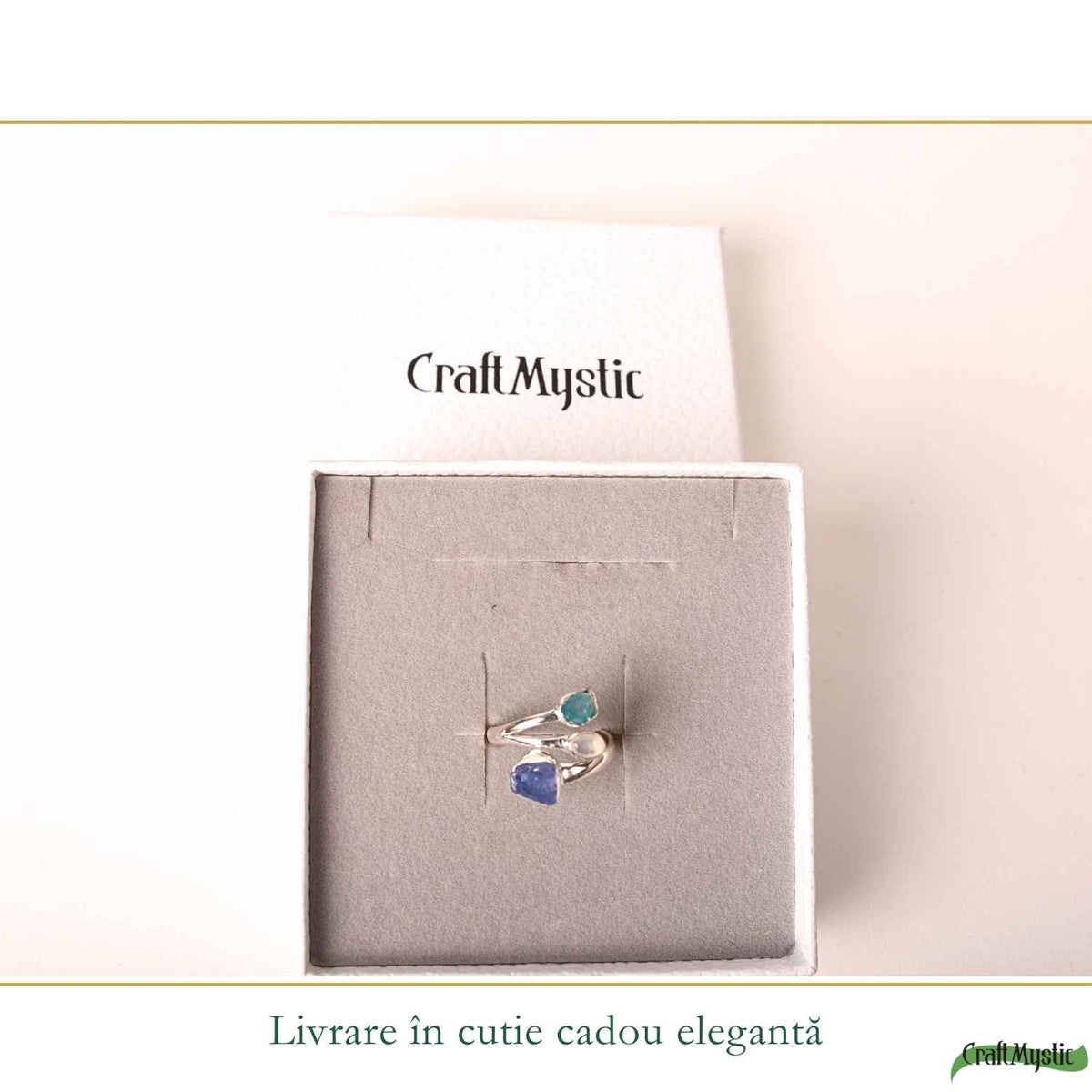 Inel Argint 925 ajustabil cu Tanzanit, Piatra Lunii si Apatit Albastru – Intuitie si Armonie