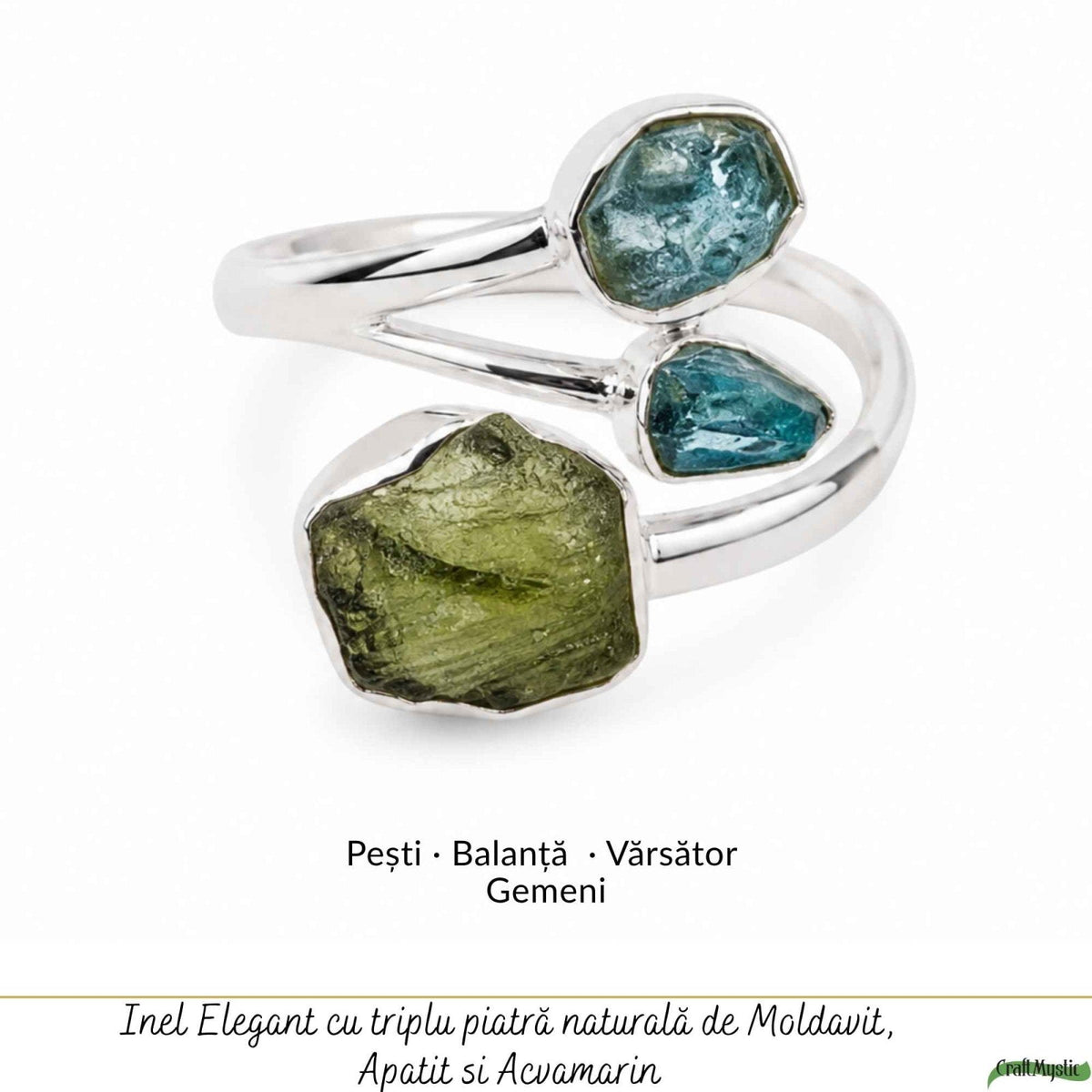 Inel cu Moldavit, Apatit și alte cristale, Argint 925 – CraftMystic