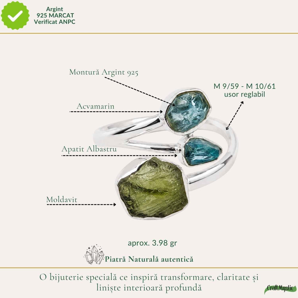 Inel cu Moldavit, Apatit și alte cristale, Argint 925 – CraftMystic