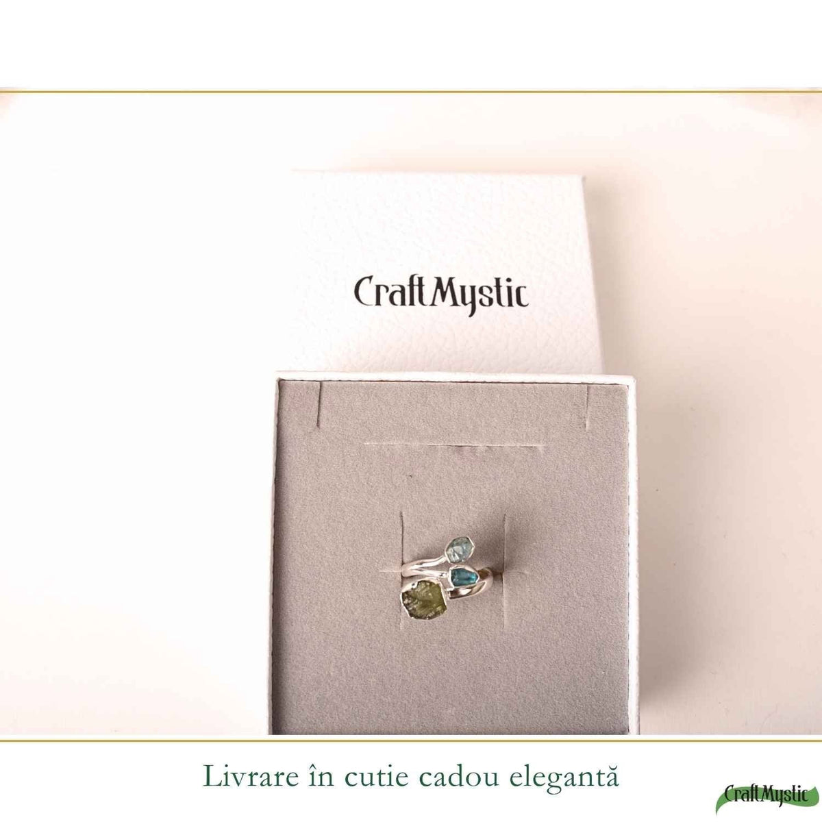 Inel Argint 925 ajustabil cu Moldavit, Apatit si Acvamarin – Claritate si Energie Pozitiva
