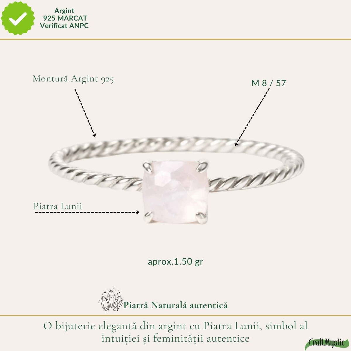 Inel argint 925 rasucit piatra lunii patrata – intuitie si echilibru