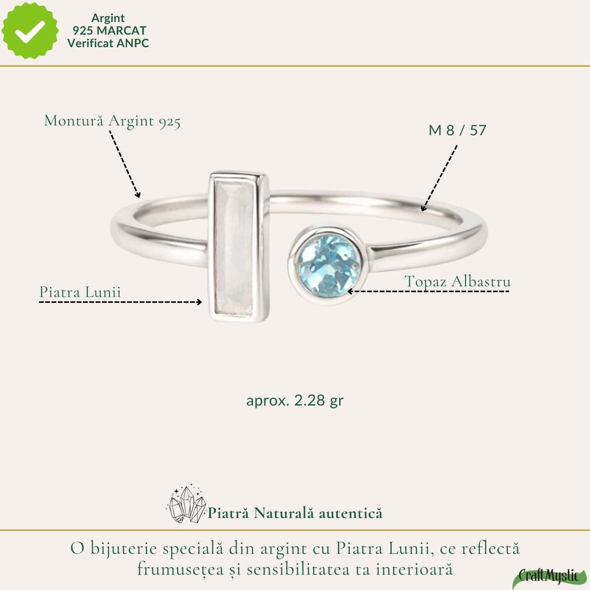 Inel Argint 925 cu Piatra Lunii si Topaz Alb – Echilibru si Claritate Interioara