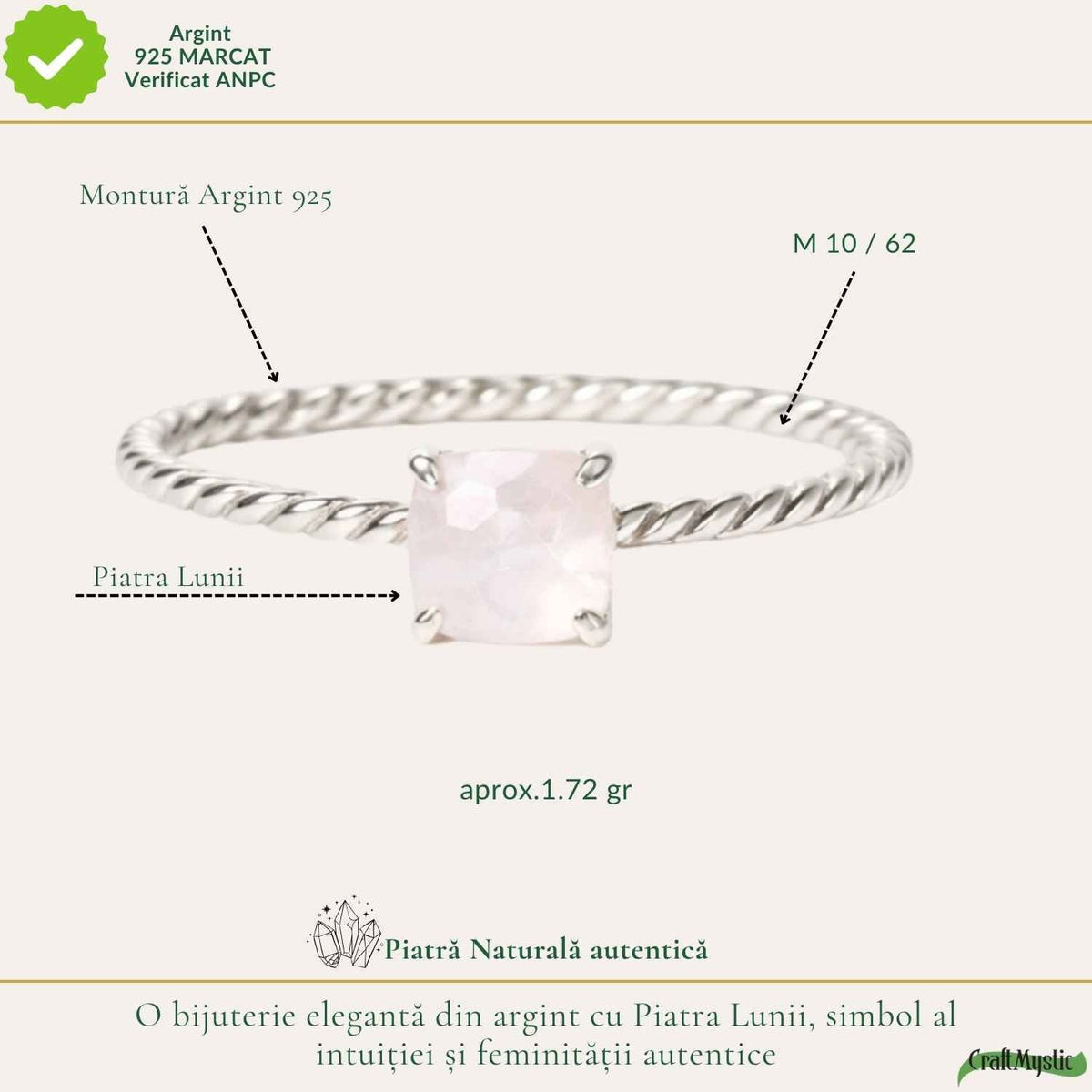 Inel argint 925 rasucit piatra lunii patrata – intuitie si echilibru
