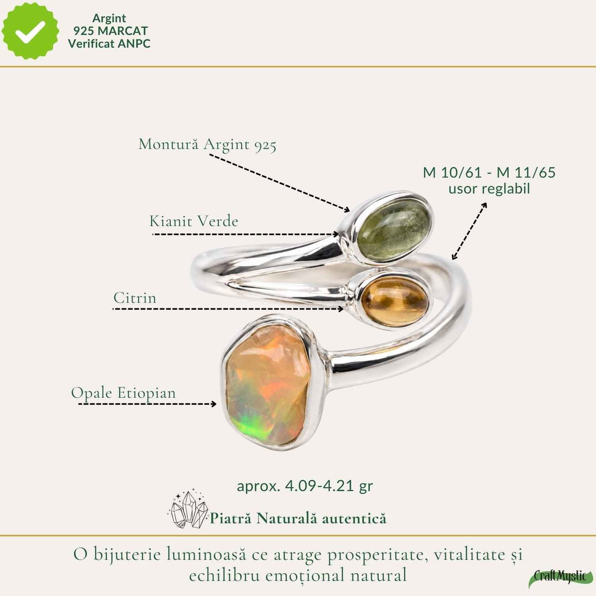 Inel cu Opal, Citrin și alte cristale, Argint 925 – CraftMystic