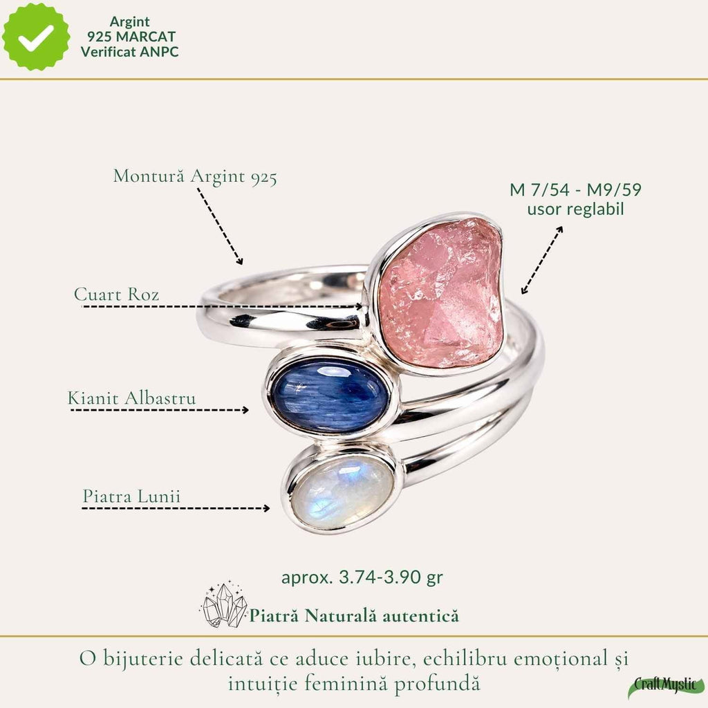 Inel cu Cuarț Roz, Piatra Lunii și alte cristale, Argint 925 – CraftMystic