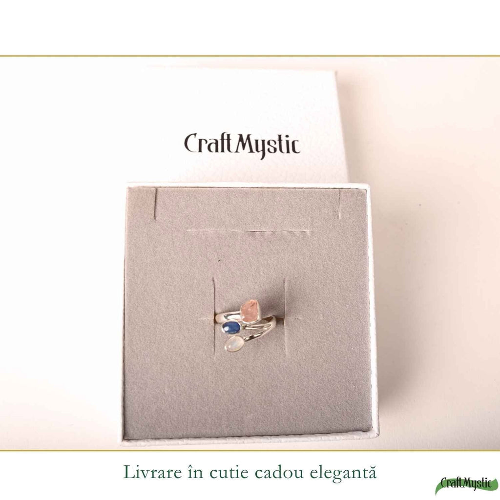 Inel Argint 925 ajustabil cu Cuart Roz, Kianit Albastru si Piatra Lunii – Iubire si Echilibru