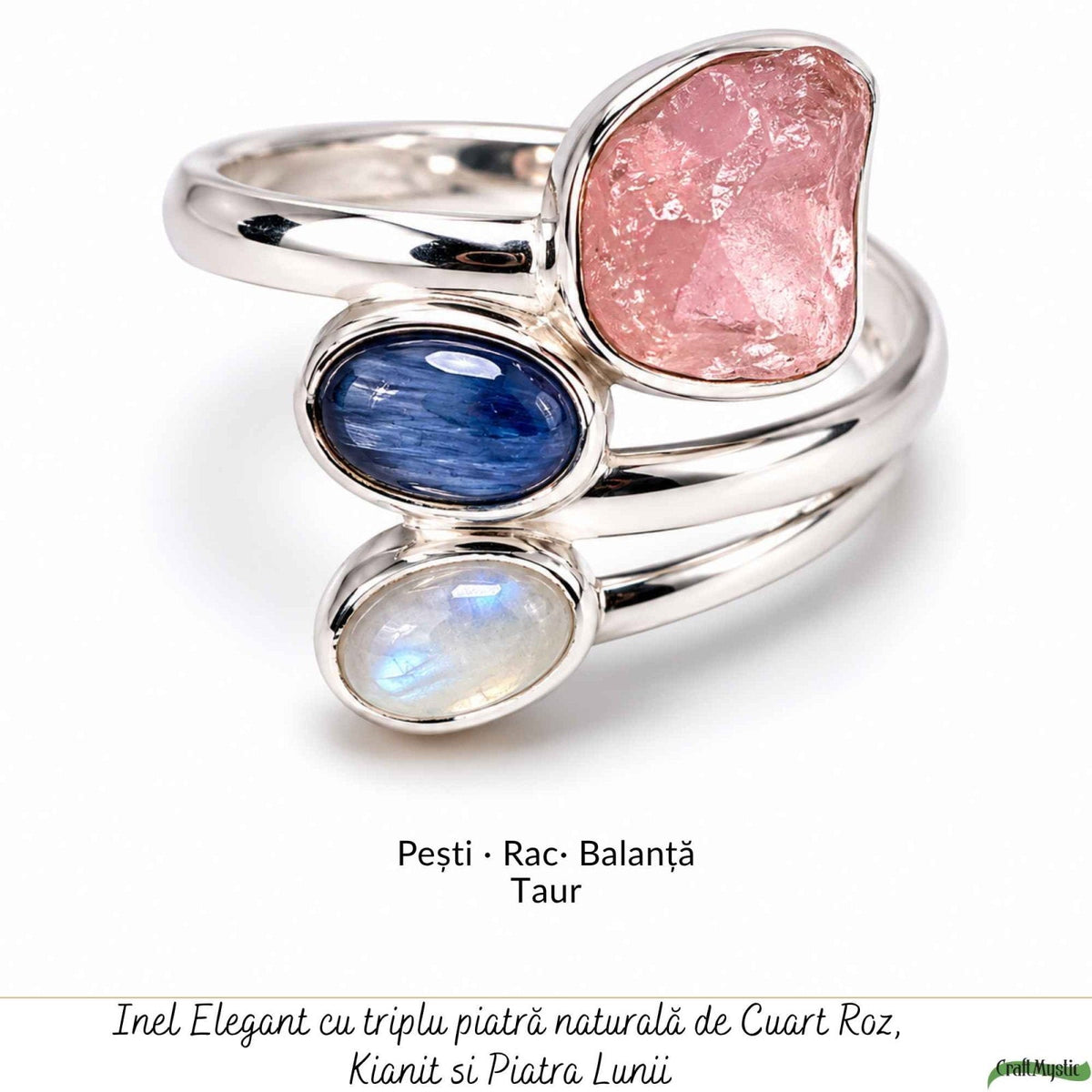 Inel cu Cuarț Roz, Piatra Lunii și alte cristale, Argint 925 – CraftMystic