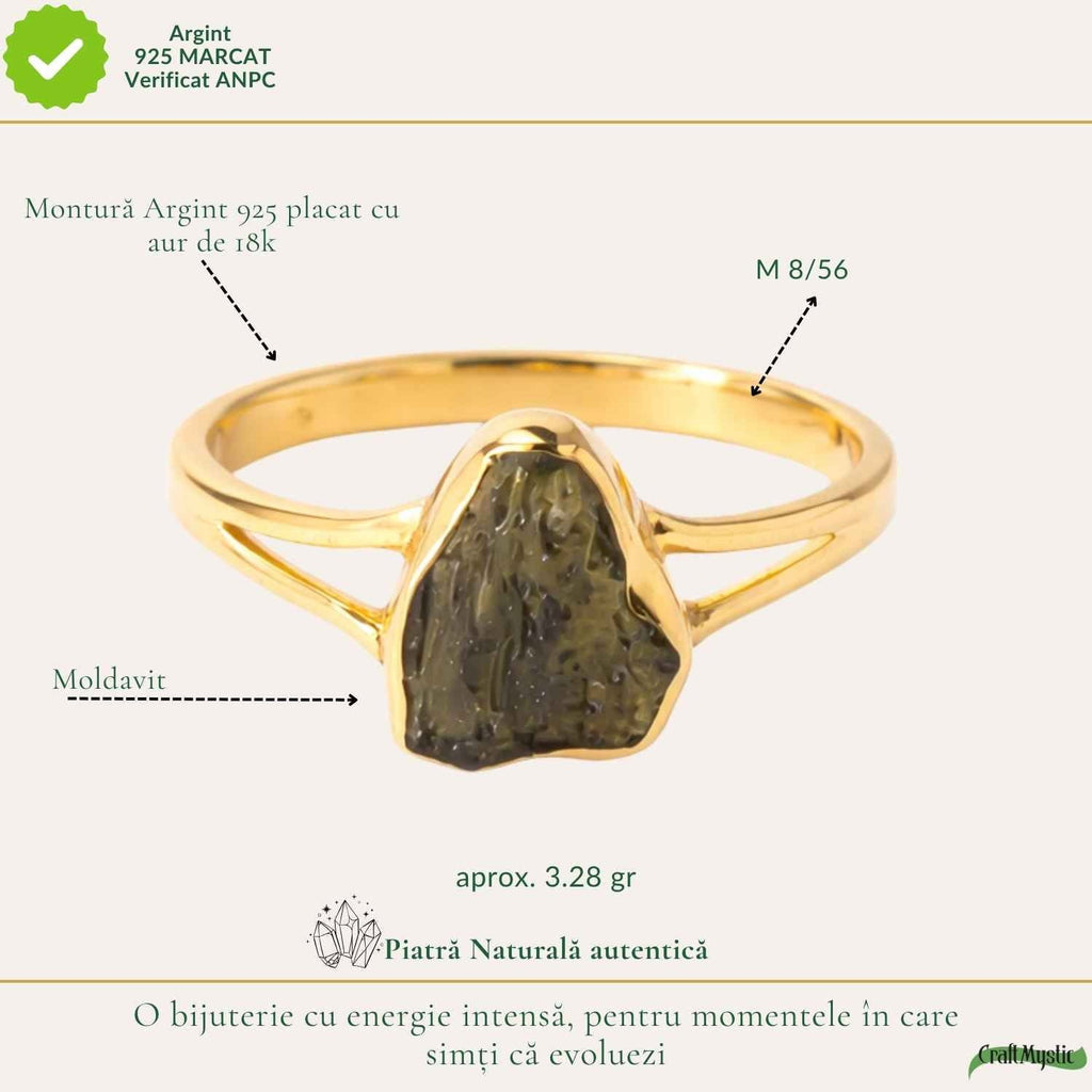Inel cu Moldavit, Argint 925 placat aur 18k – CraftMystic