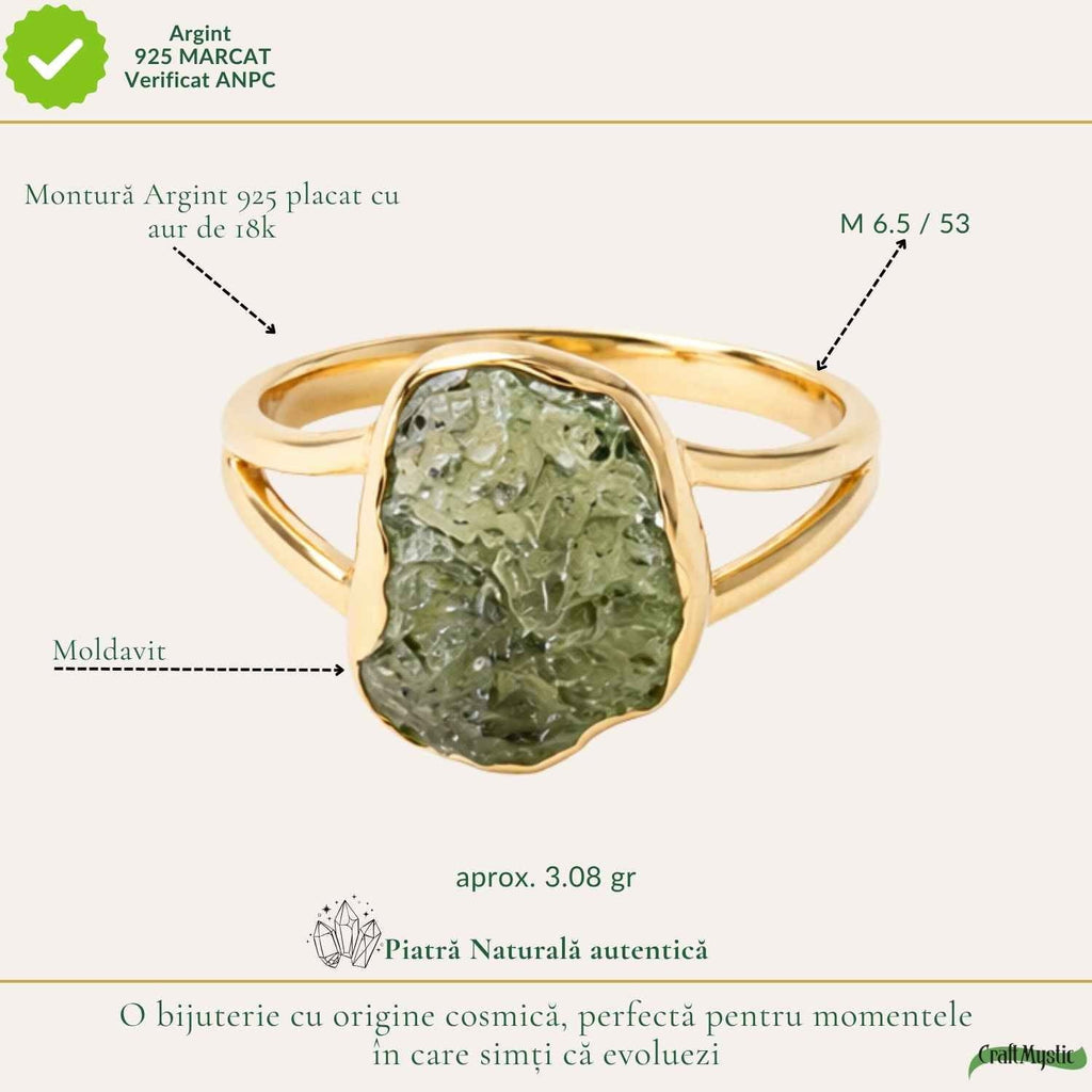 Inel cu Moldavit, Argint 925 placat aur 18k – CraftMystic