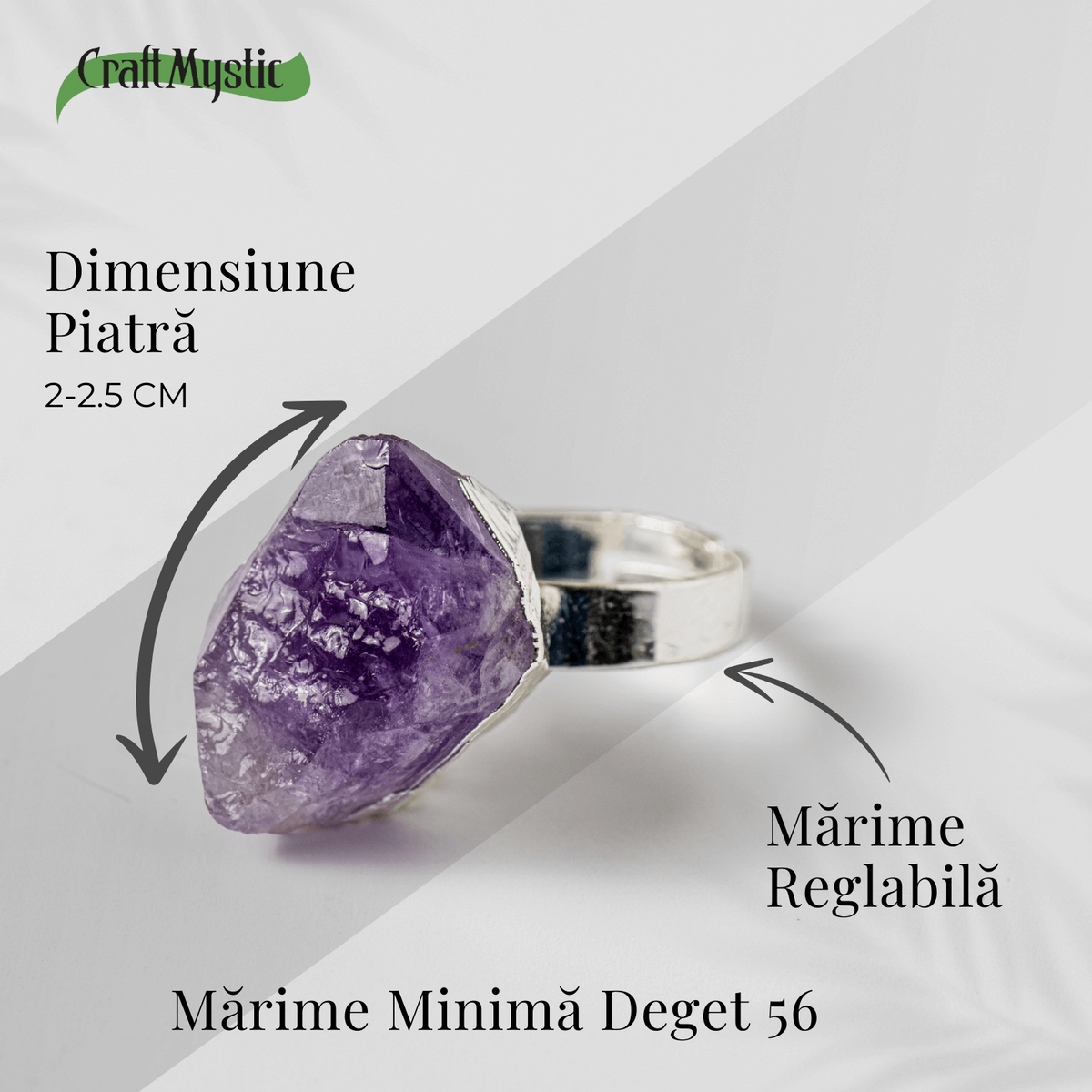 Inel argintiu ajustabil cu vart de Ametist natural, pentru calm si claritate
