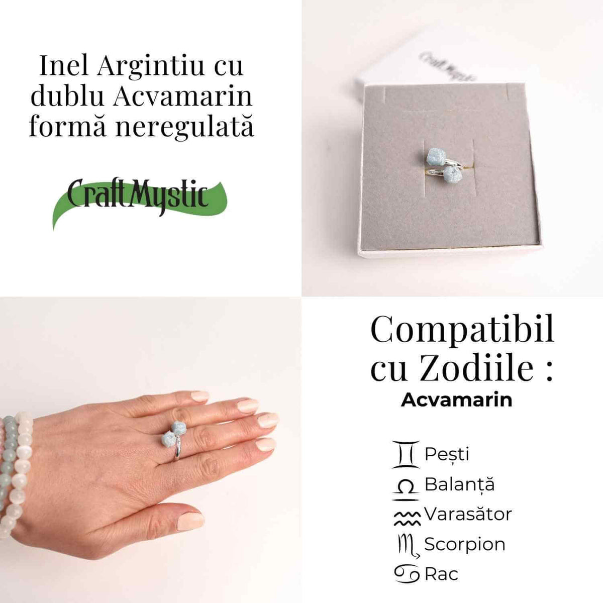 Inel Reglabil Argintiu cu Dublu Acvamarin, Calm Si Claritate
