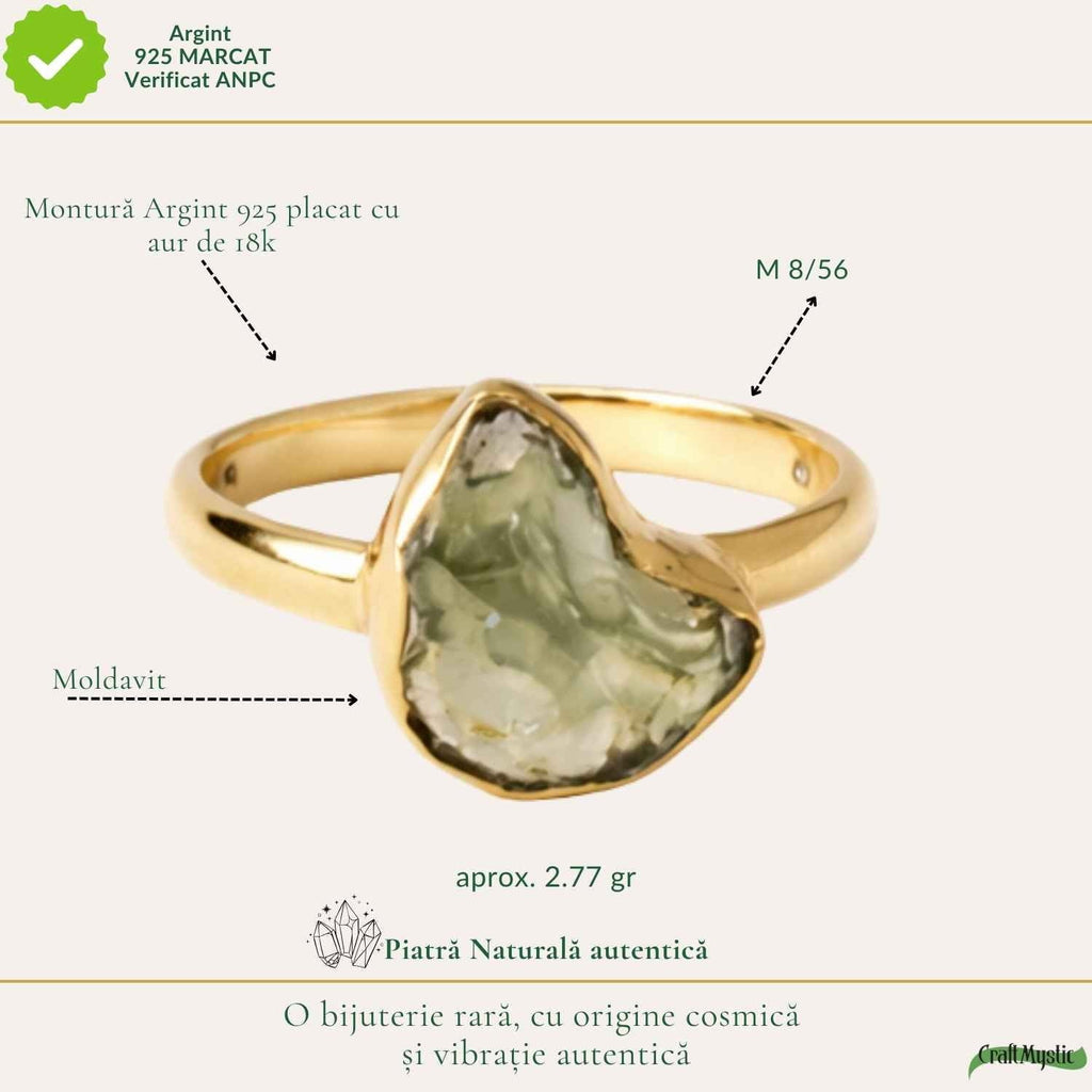 Inel cu Moldavit, Argint 925 placat aur 18k – CraftMystic