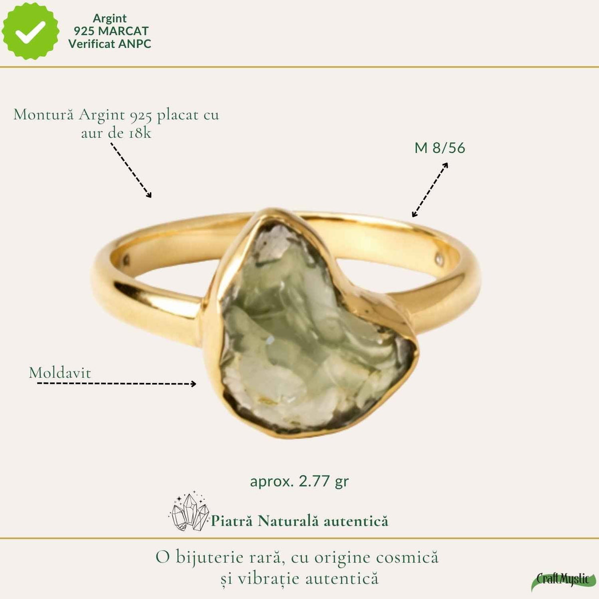 Inel cu Moldavit, Argint 925 placat aur 18k – CraftMystic