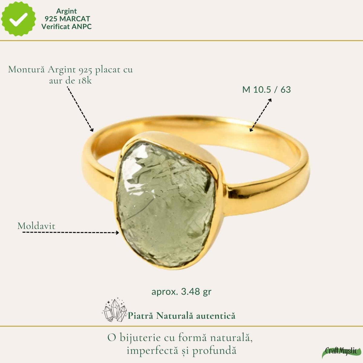 Inel cu Moldavit, Argint 925 placat aur 18k – CraftMystic