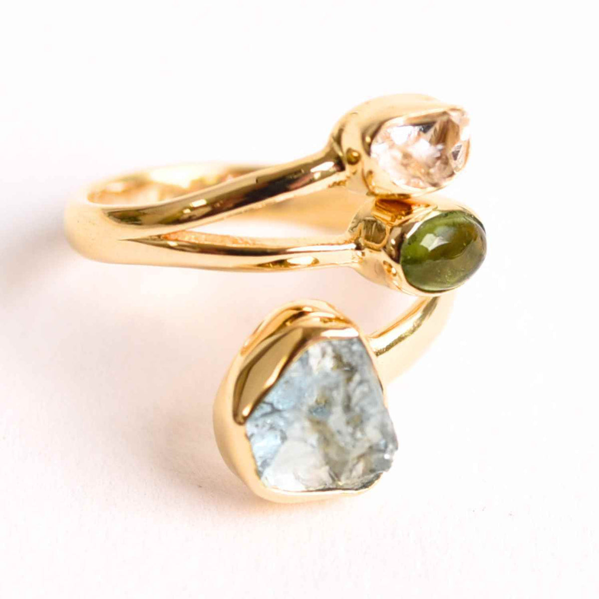 Inel din Argint 925 placat cu Aur de 18K cu Acvamarin, Diamant Herkimer si Turmalina Verde 3.92 gr M55 / 7– Claritate, Vitalitate si Protectie Energetica