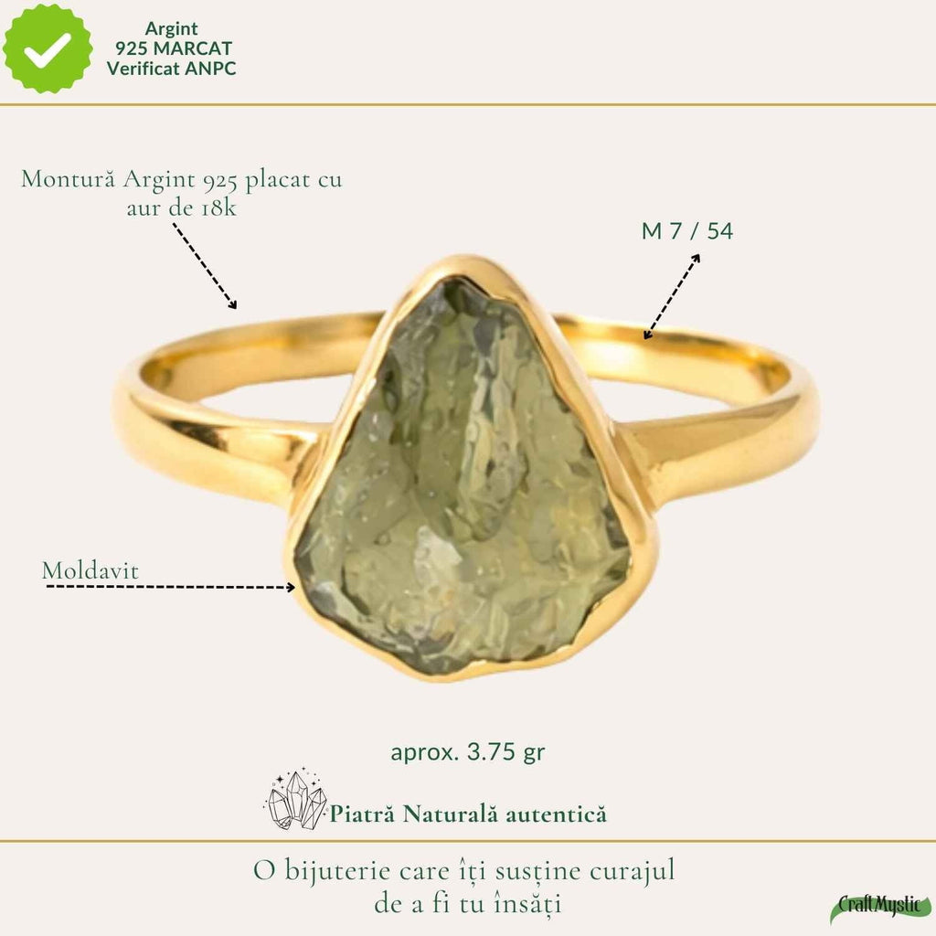 Inel cu Moldavit, Argint 925 placat aur 18k – CraftMystic
