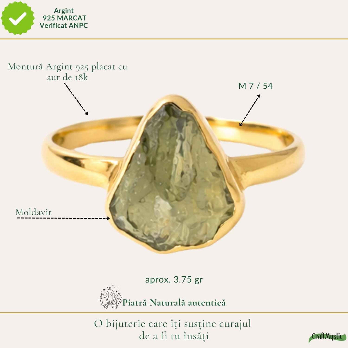 Inel cu Moldavit, Argint 925 placat aur 18k – CraftMystic