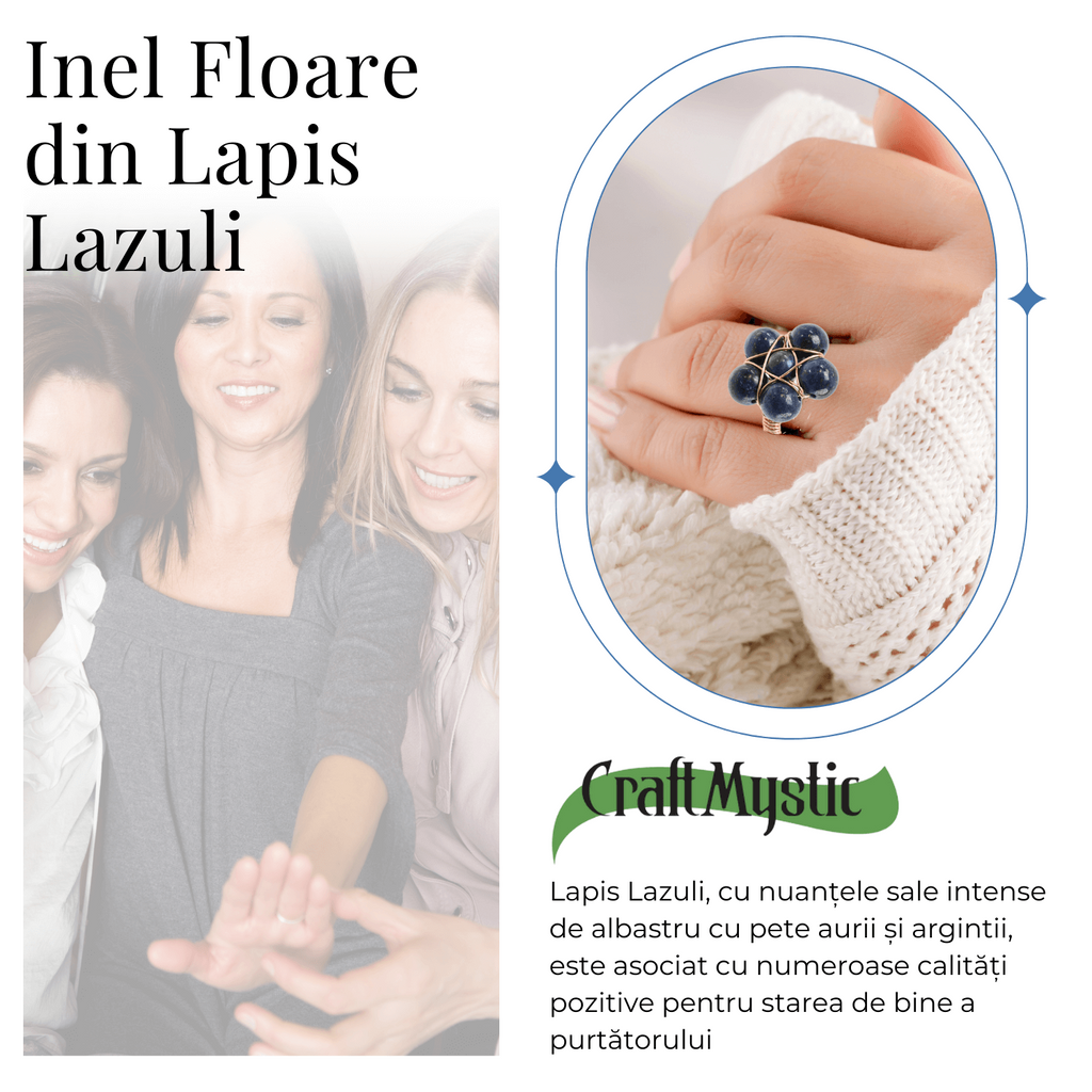 Inel Elegant in Forma de Floare cu Model Auriu si Lapis Lazuli Natural