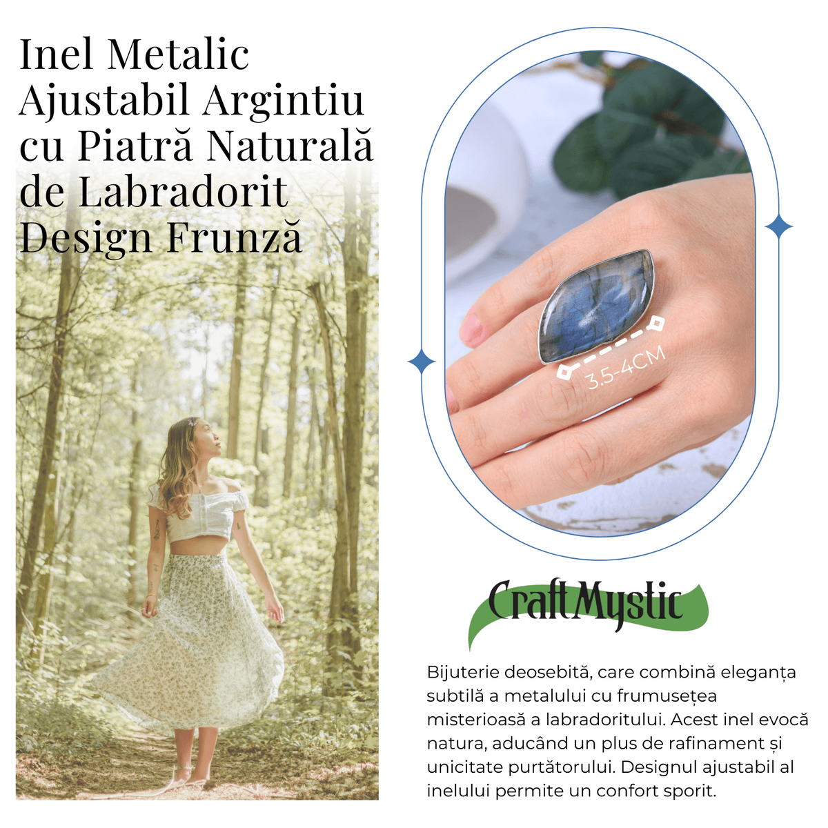 Inel argintiu ajustabil cu Labradorit design frunza, pentru protectie si intuitie