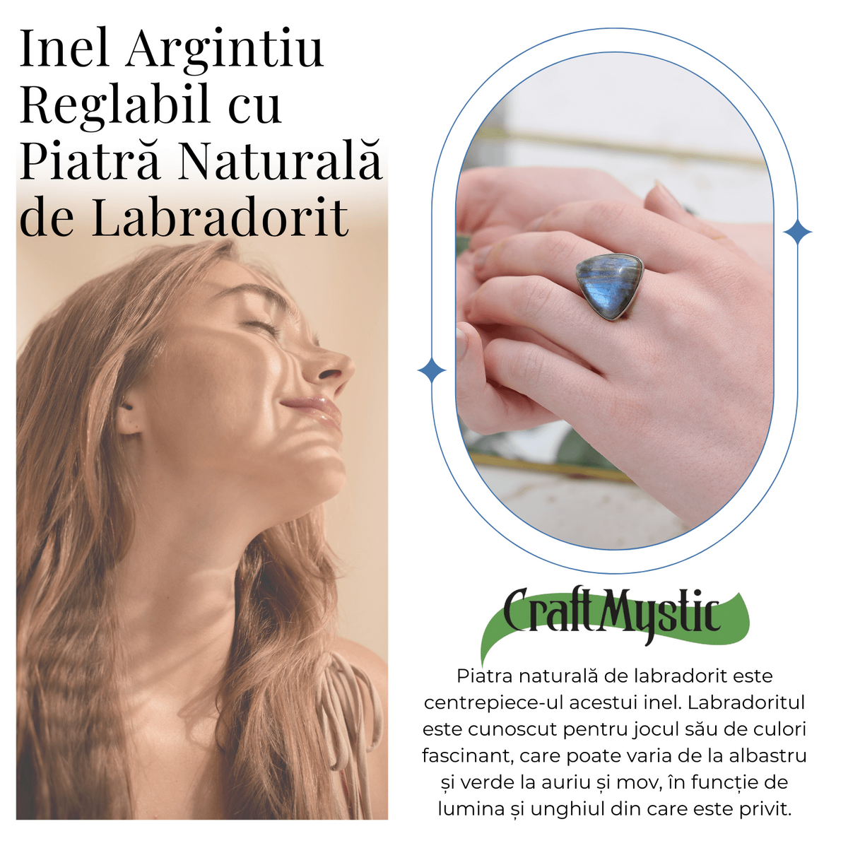 Inel Argintiu Reglabil cu Labradorit