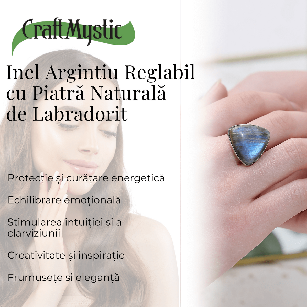 Inel Argintiu Reglabil cu Labradorit