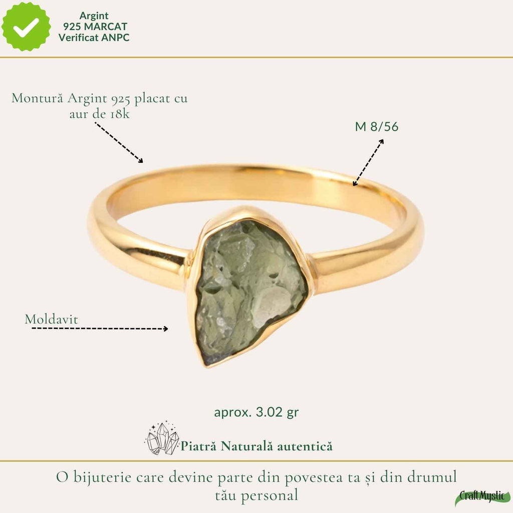 Inel cu Moldavit, Argint 925 placat aur 18k – CraftMystic