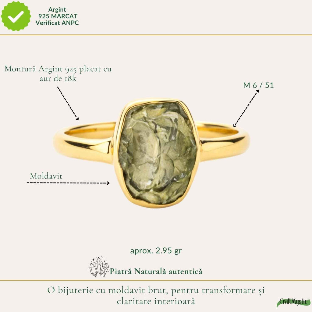 Inel cu Moldavit, Argint 925 placat aur 18k – CraftMystic