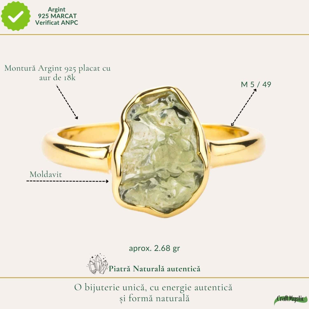 Inel cu Moldavit, Argint 925 placat aur 18k – CraftMystic